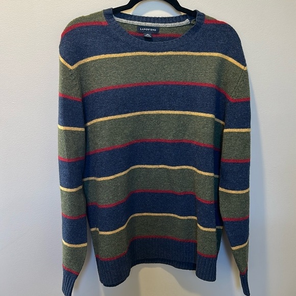 Lands End Men’s Lambswool Crewneck Striped Sweater Size Medium - Picture 1 of 8
